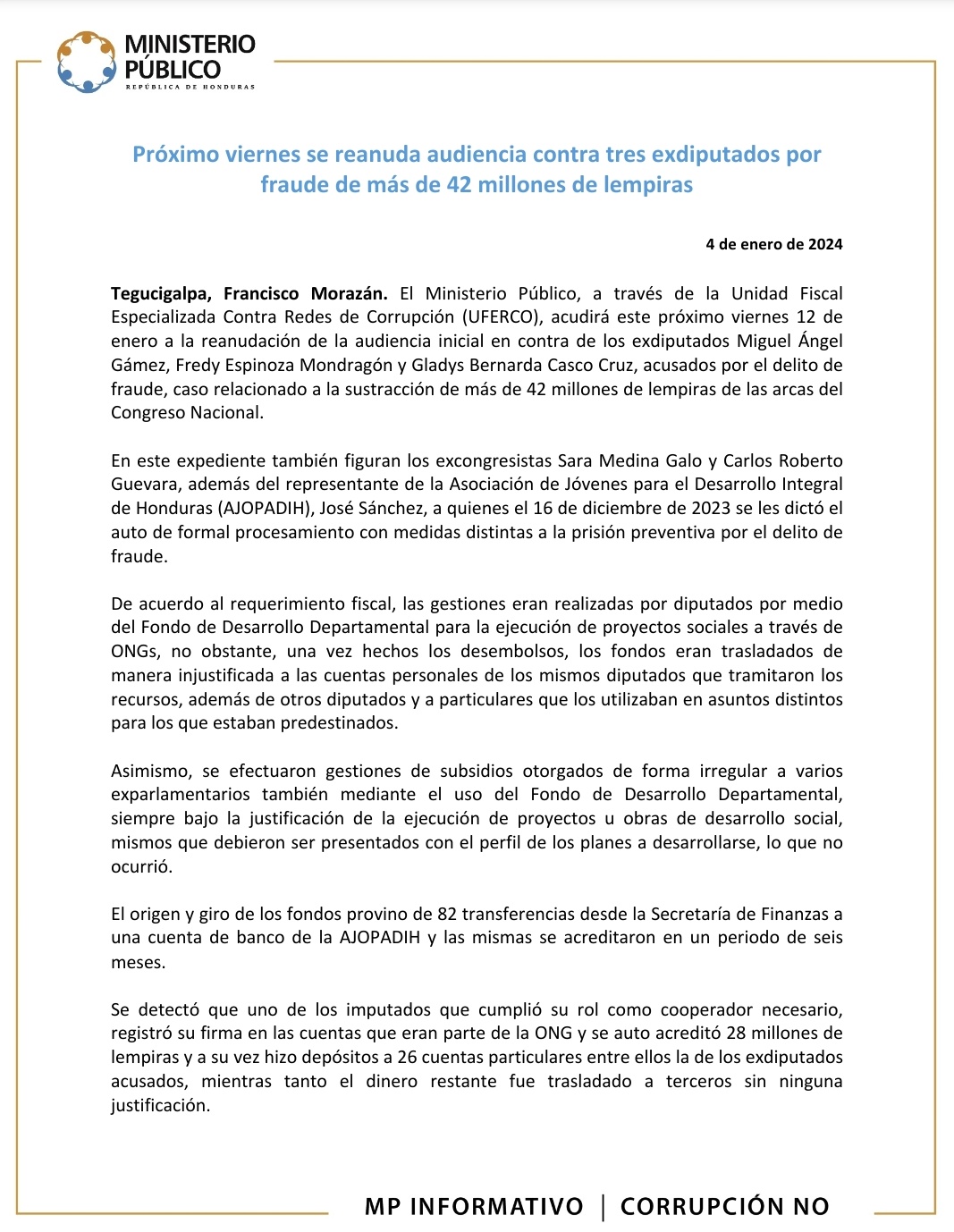 Próximo viernes se reanuda audiencia contra tres exdiputados por fraude de más de 42 millones de lempiras