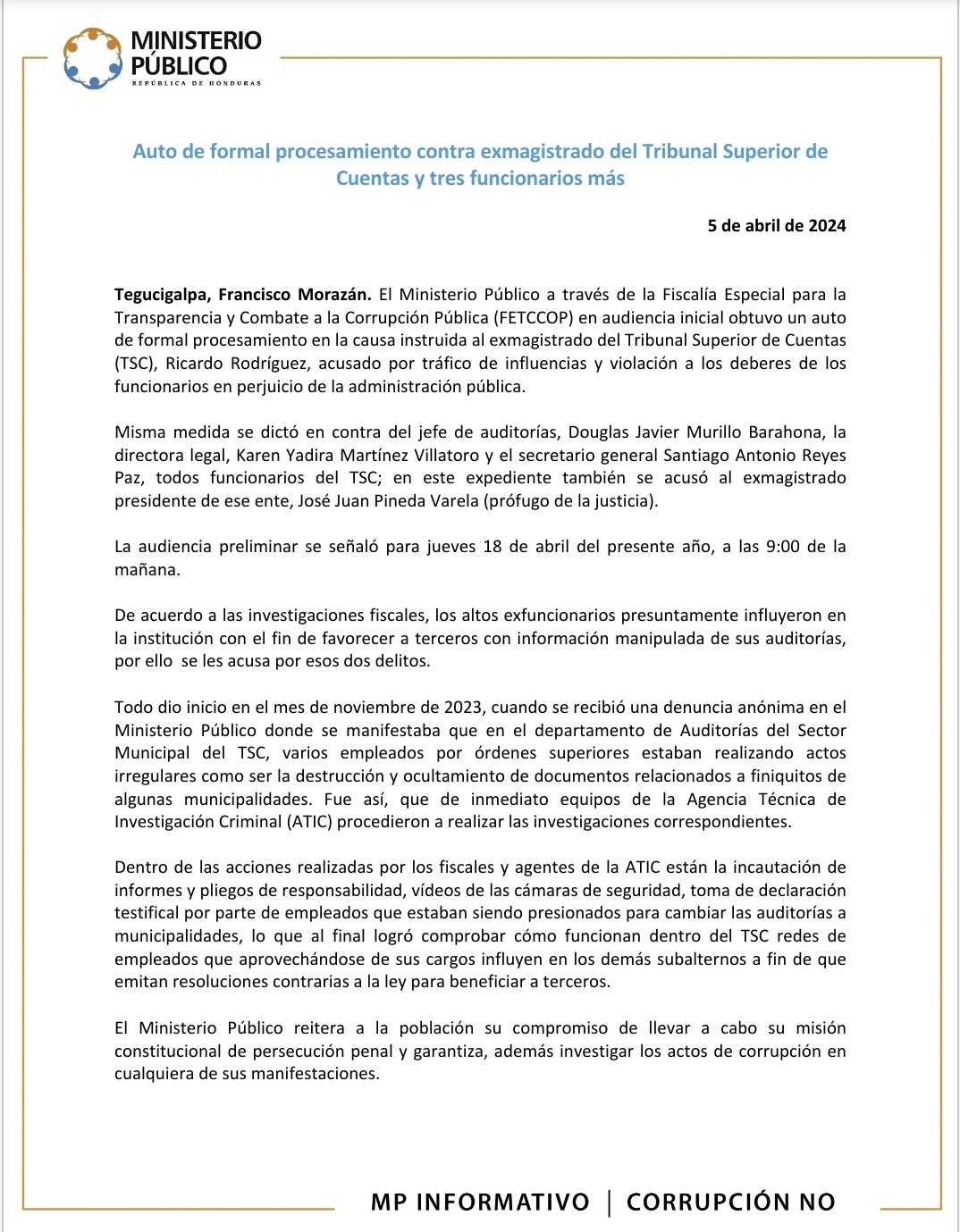 Auto de formal procesamiento contra exmagistrado del Tribunal Superior de Cuentas y tres funcionarios más