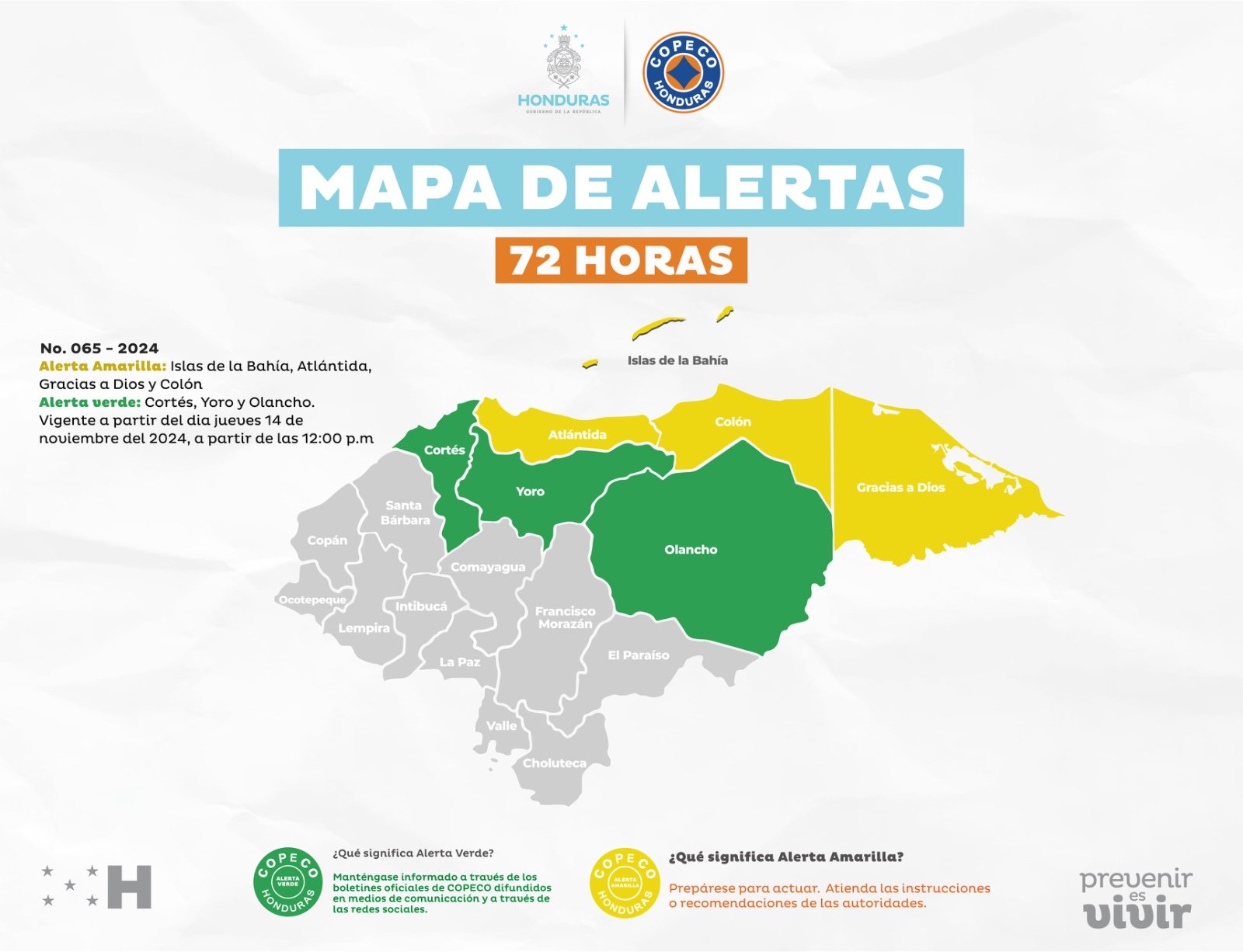 COPECO eleva alerta amarilla en cuatro departamentos y mantiene en verde a otros tres por probabilidad de ciclón