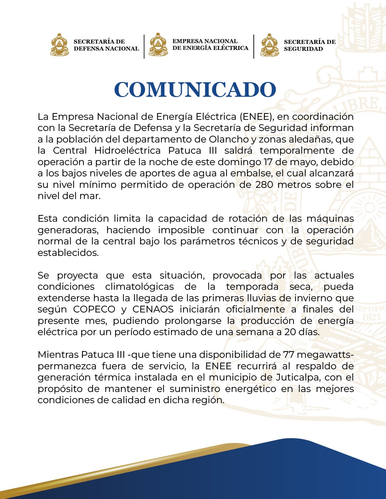 ENEE suspenderá operaciones de la Central Hidroeléctrica Patuca III por bajos niveles de agua en Olancho