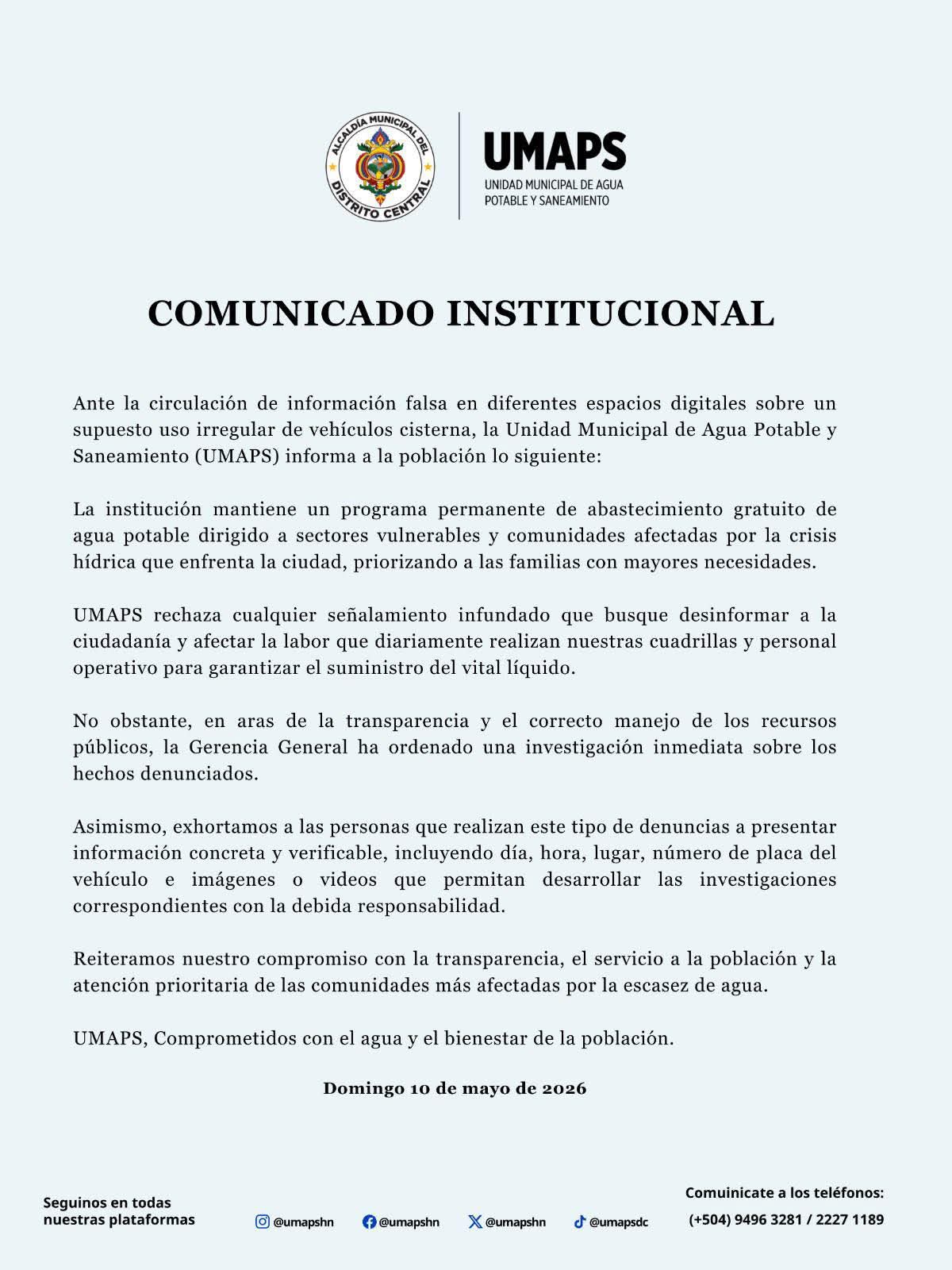 UMAPS reafirma entrega gratuita de agua y ordena investigación por denuncias