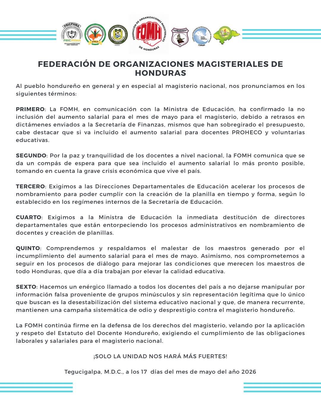 FOMH denuncia retraso en aumento salarial del magisterio y exige acciones a Educación