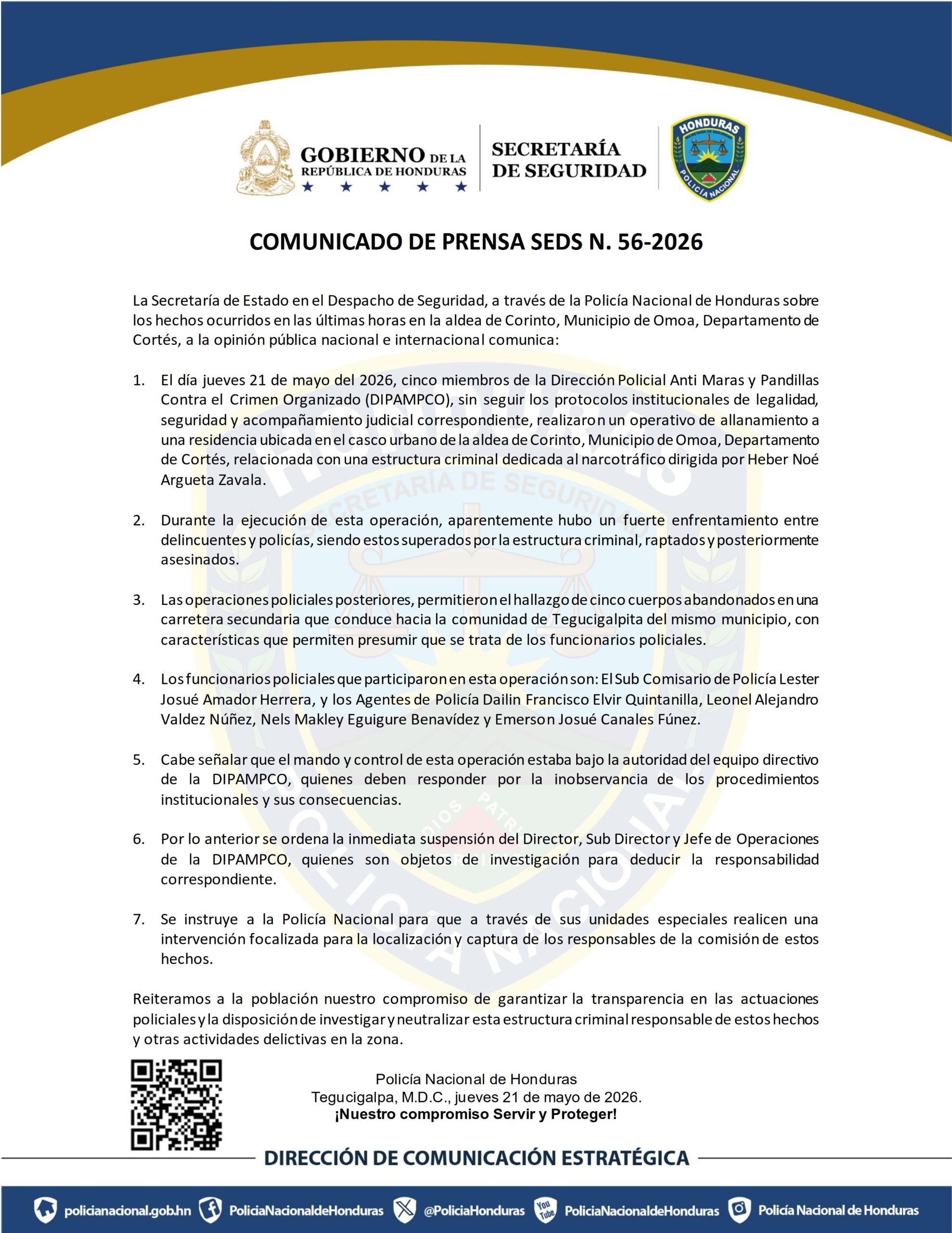 Secretaría de Seguridad suspende a mandos de la DIPAMPCO tras crimen de cinco policías en Omoa