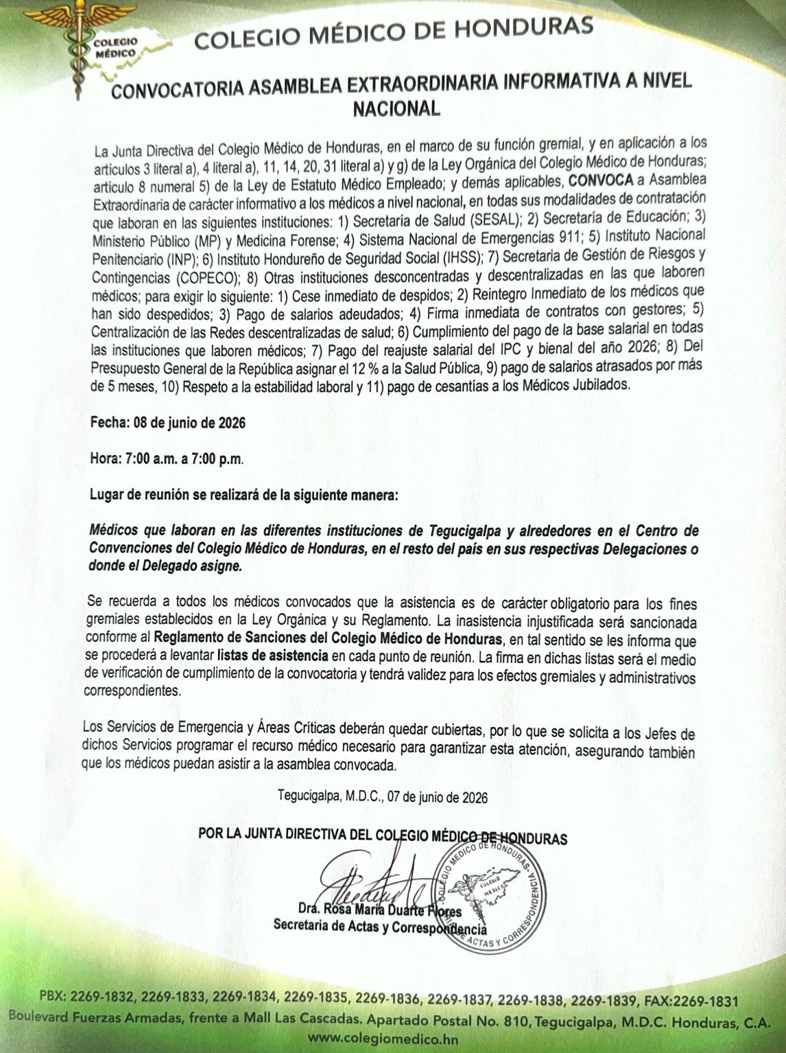 Asambleas informativas del gremio médico seguirán en hospitales y centros de trabajo
