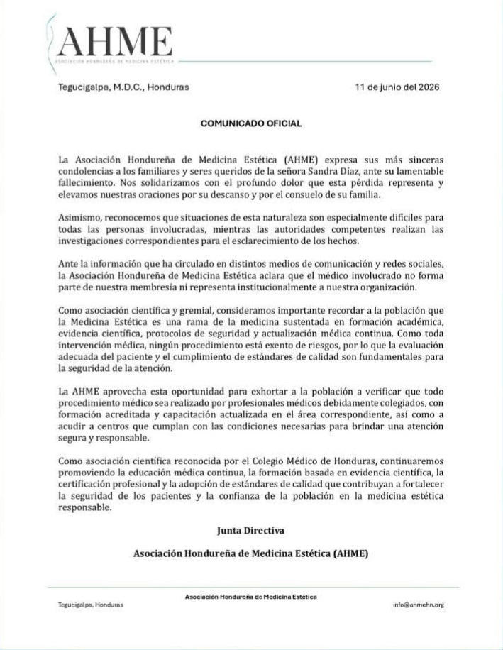 AHME aclara que médico vinculado al caso de Sandra Díaz no pertenece a su membresía
