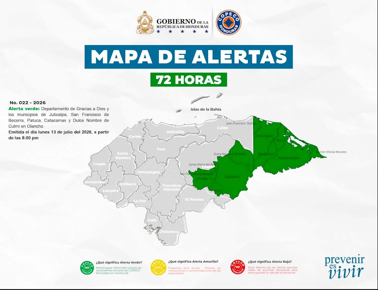 COPECO emite Alerta Verde por lluvias para Gracias a Dios y cinco municipios de Olancho