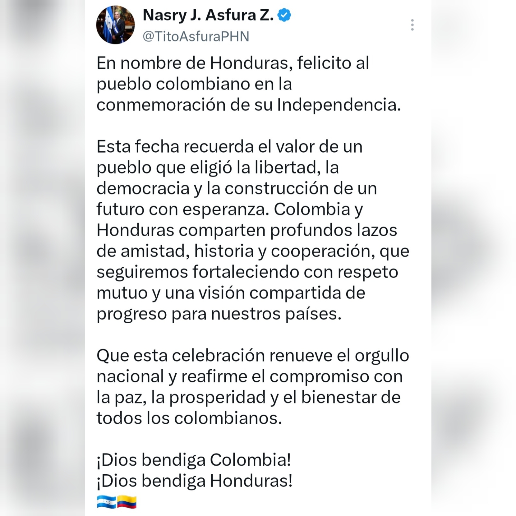 Nasry Asfura envía mensaje de felicitación a Colombia por su Independencia