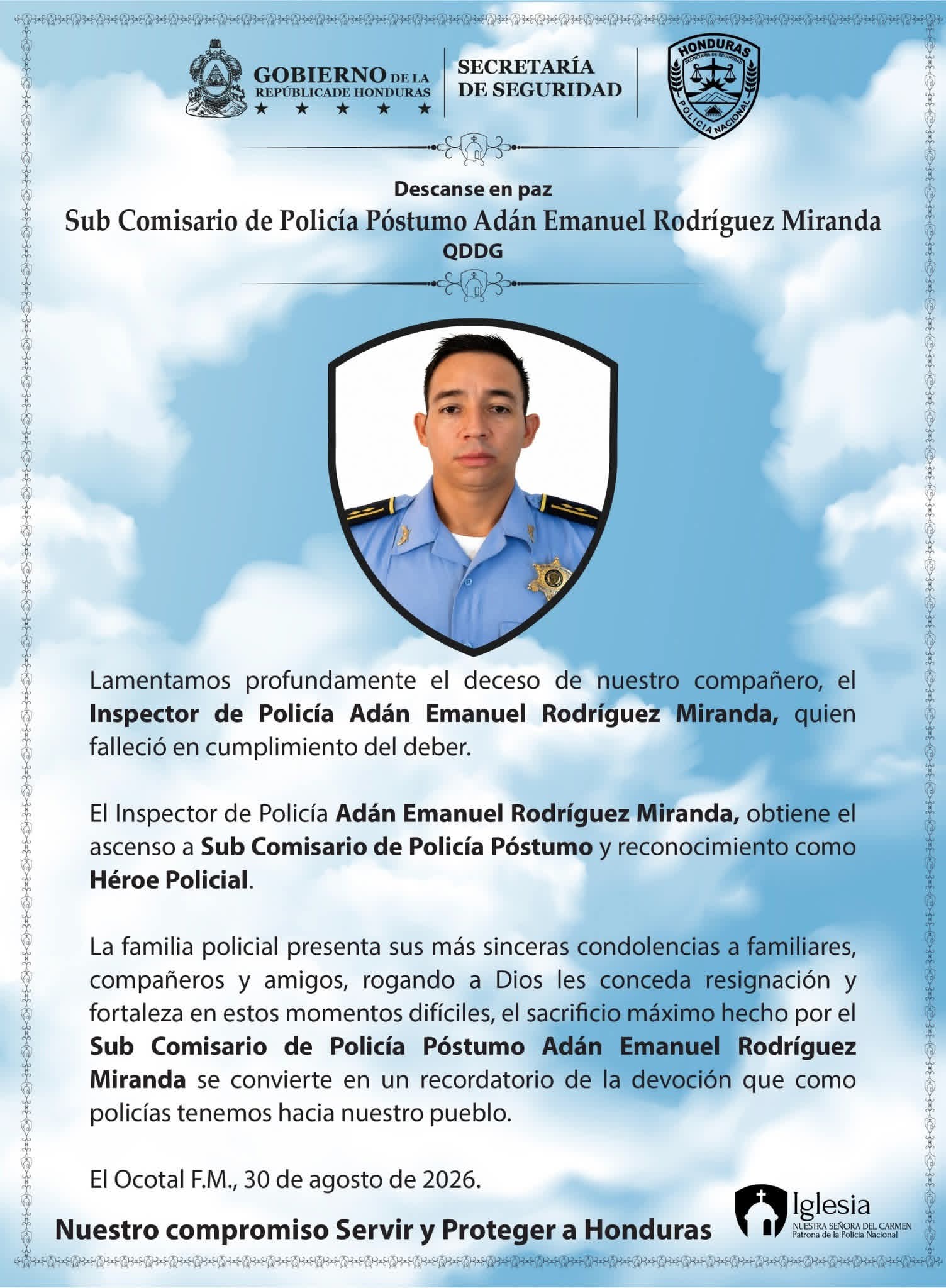 Inspector Adán Rodríguez muere en servicio y recibe reconocimiento como Héroe Policial