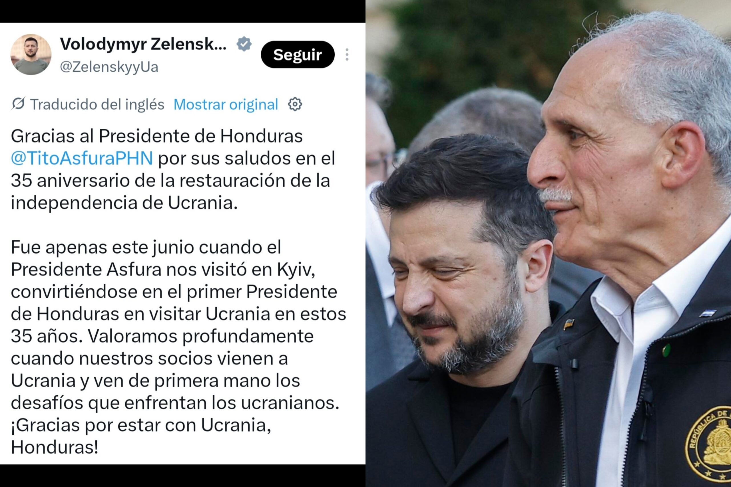 Zelenski agradece a Asfura su respaldo a Ucrania en el aniversario de su independencia
