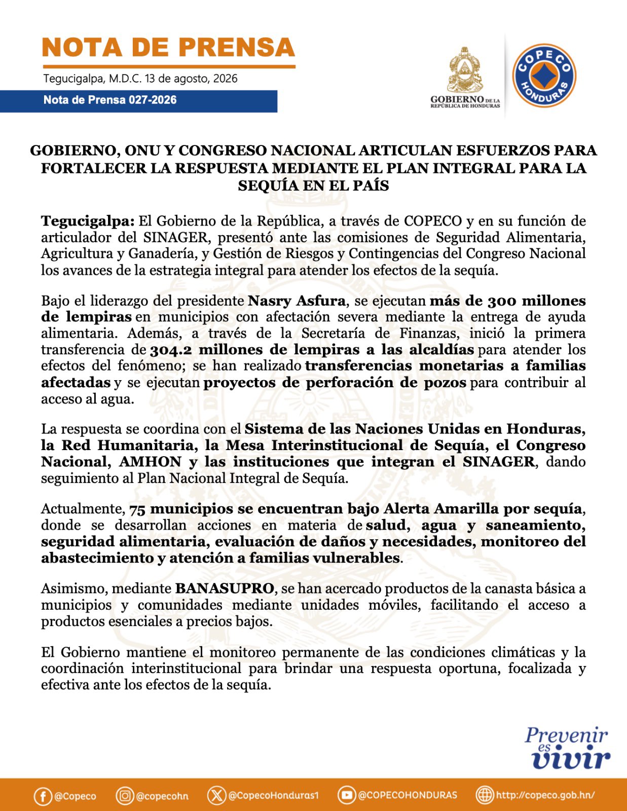 Gobierno, ONU y Congreso articulan esfuerzos para atender efectos de la sequía en Honduras