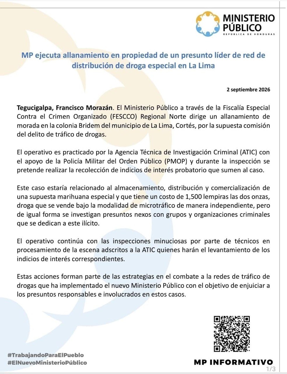 MP dirige allanamiento contra presunto líder de red de distribución de droga en La Lima