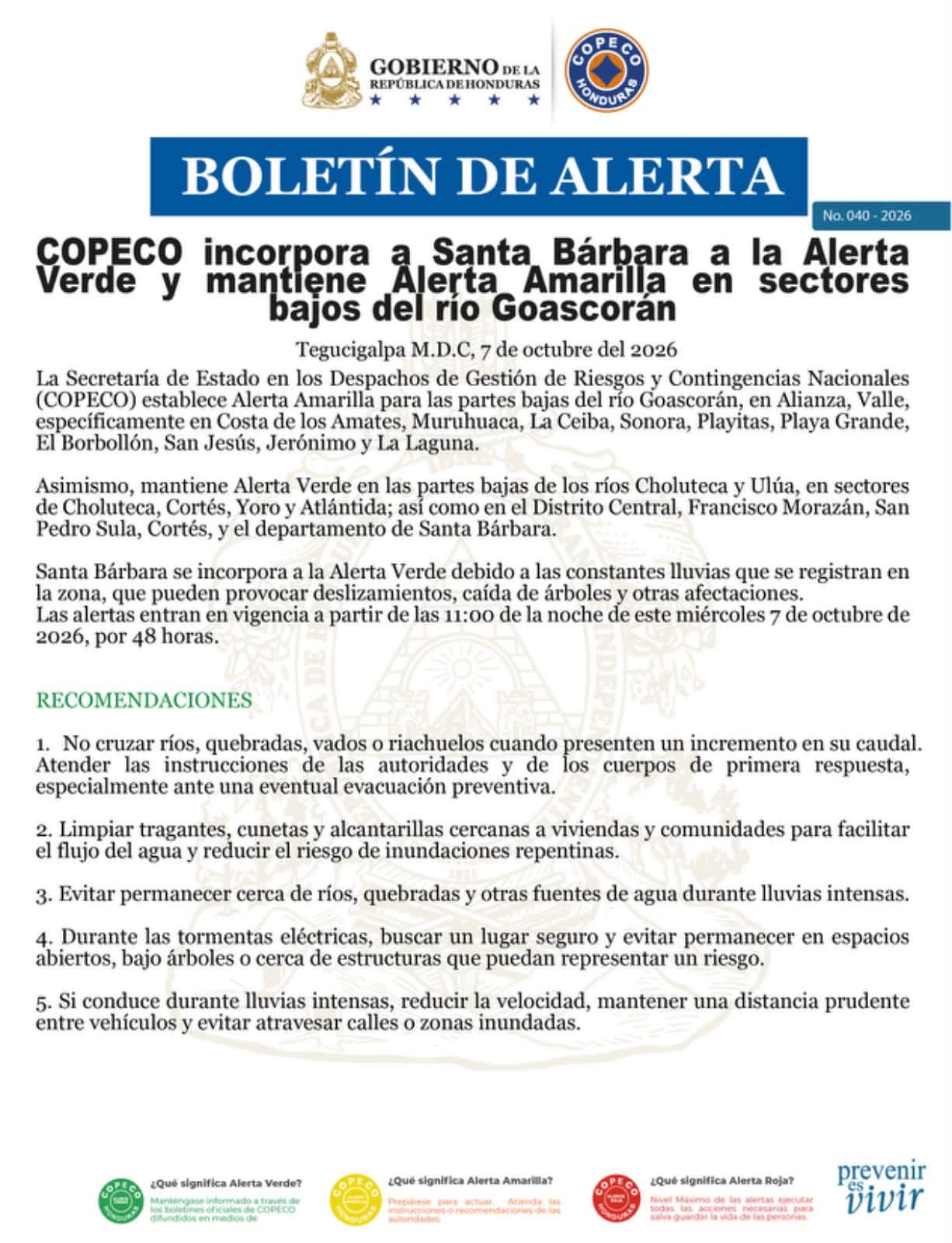 COPECO incorpora a Santa Bárbara a la Alerta Verde por lluvias