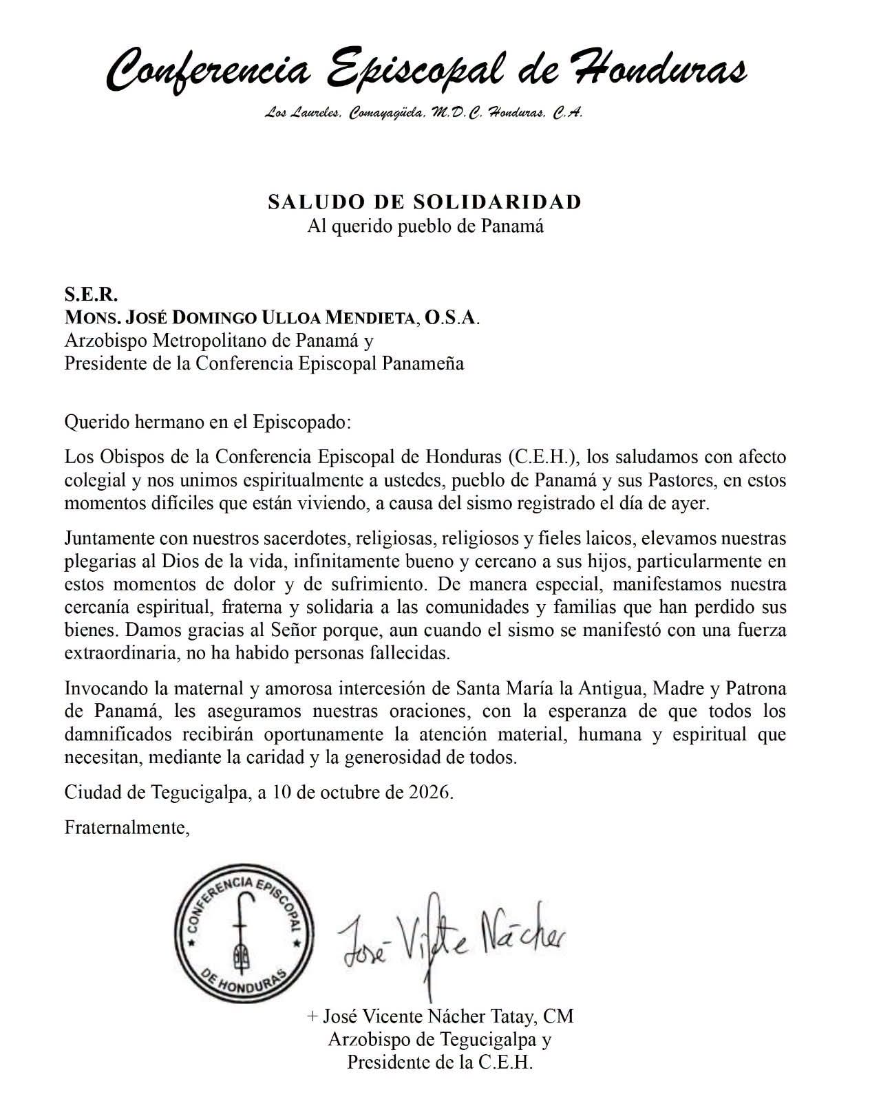 Obispos de Honduras expresan solidaridad con Panamá tras fuerte sismo