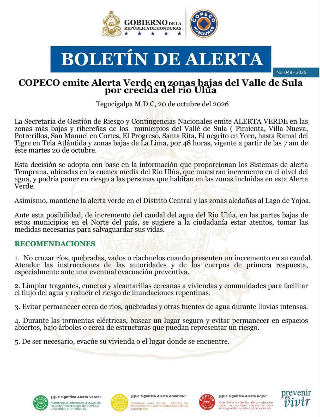 COPECO declara alerta verde por crecida del río Ulúa en zonas bajas del Valle de Sula