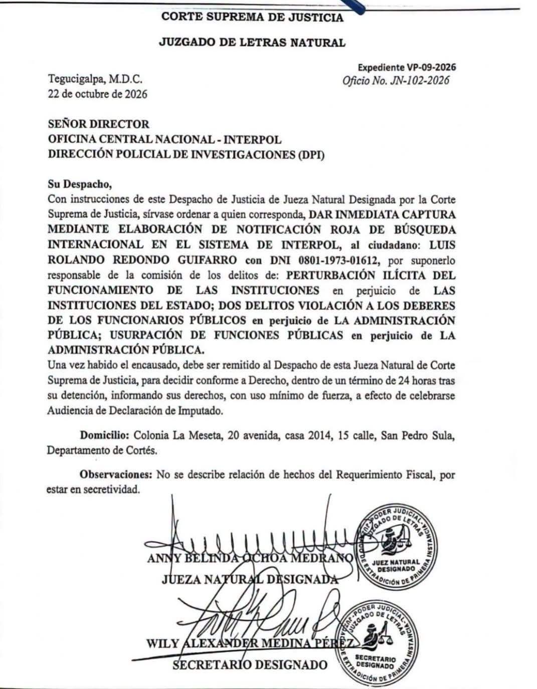 Revelan documento judicial que ordena gestionar captura internacional de Luis Redondo