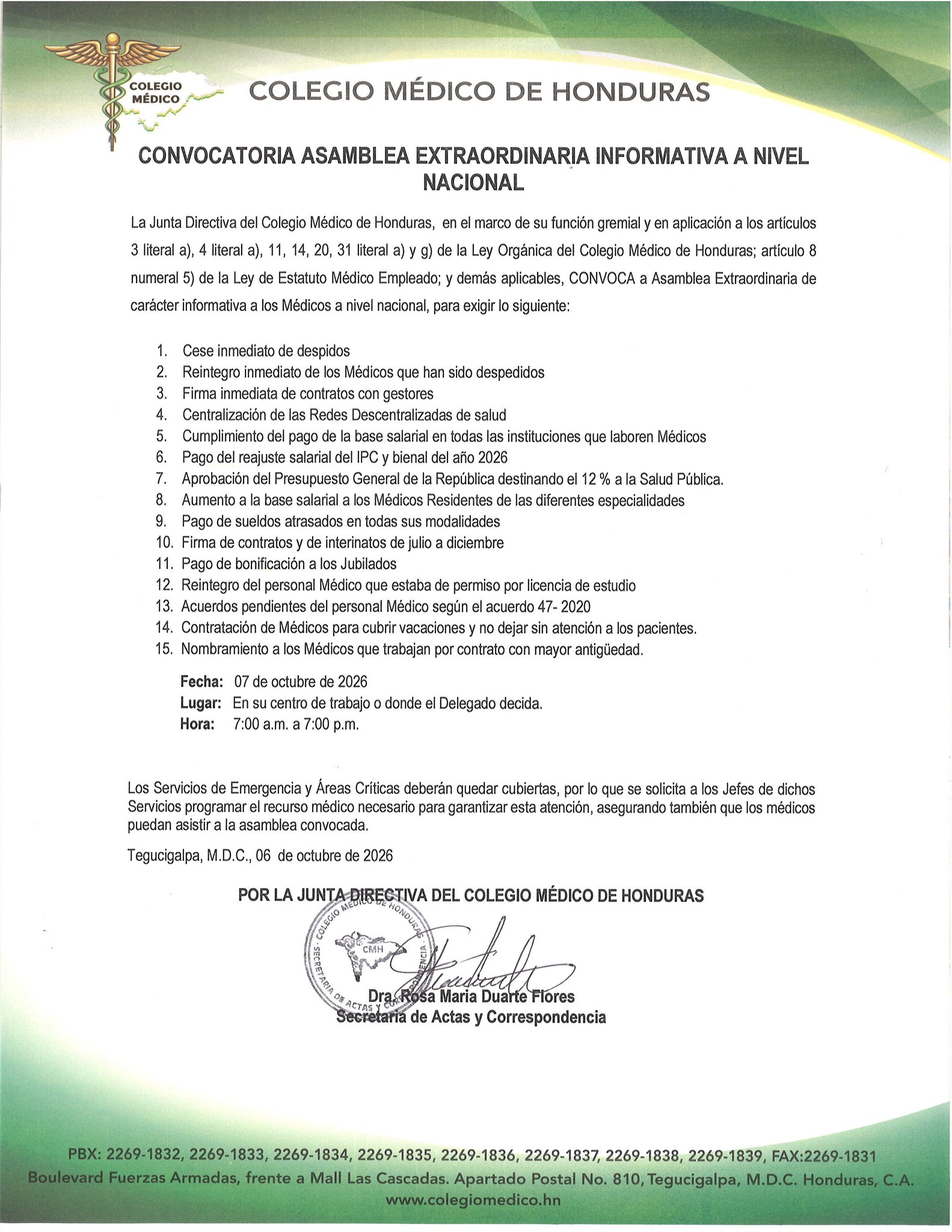 Médicos de Honduras mantienen asambleas informativas a nivel nacional este miércoles