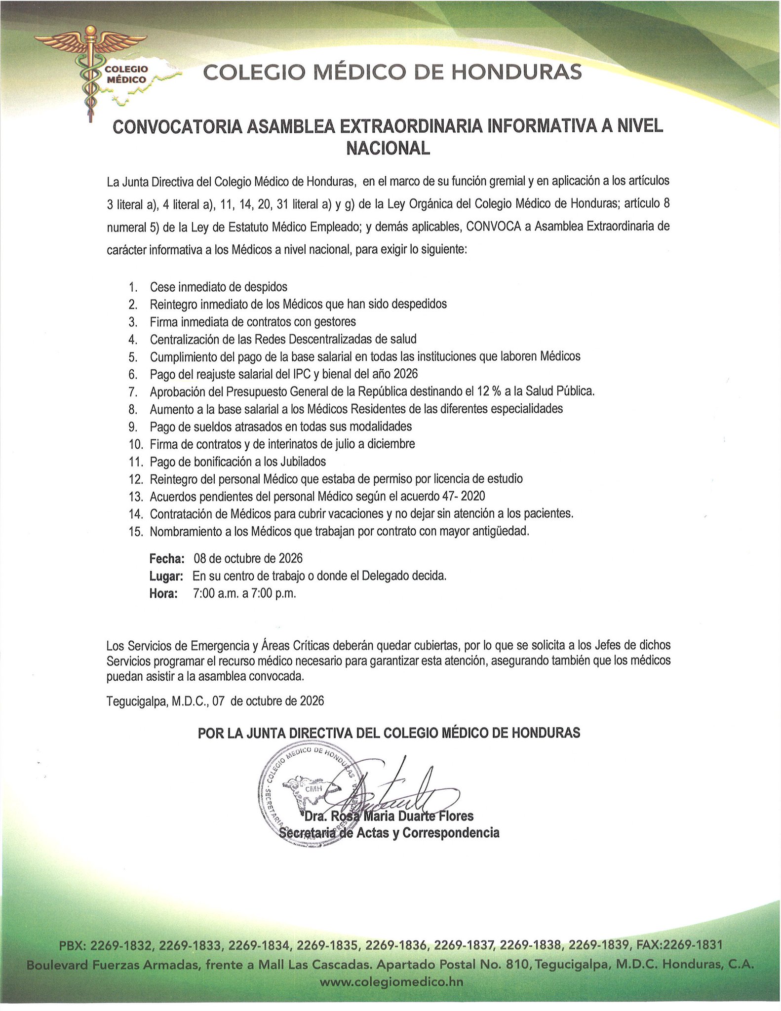 Feriado Morazánico no frena las asambleas: médicos vuelven a exigir soluciones