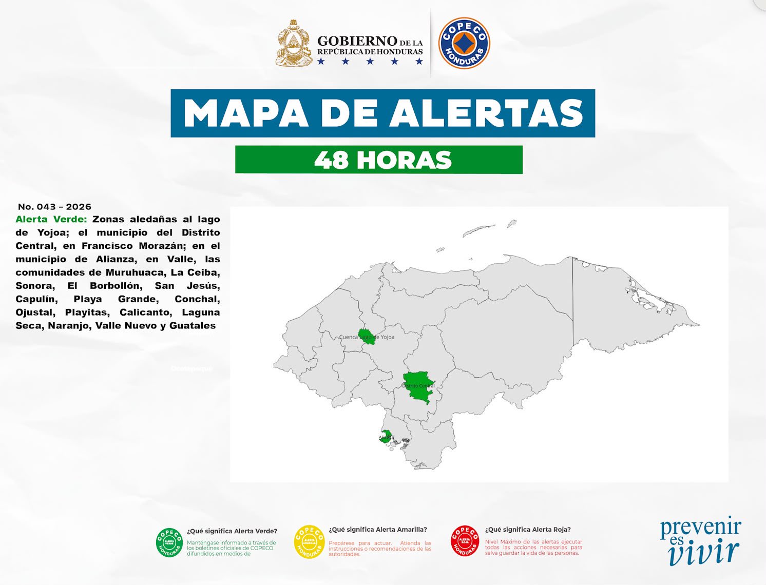 COPECO ACTIVA ALERTA VERDE EN EL DISTRITO CENTRAL, ZONAS DEL LAGO DE YOJOA Y ALIANZA