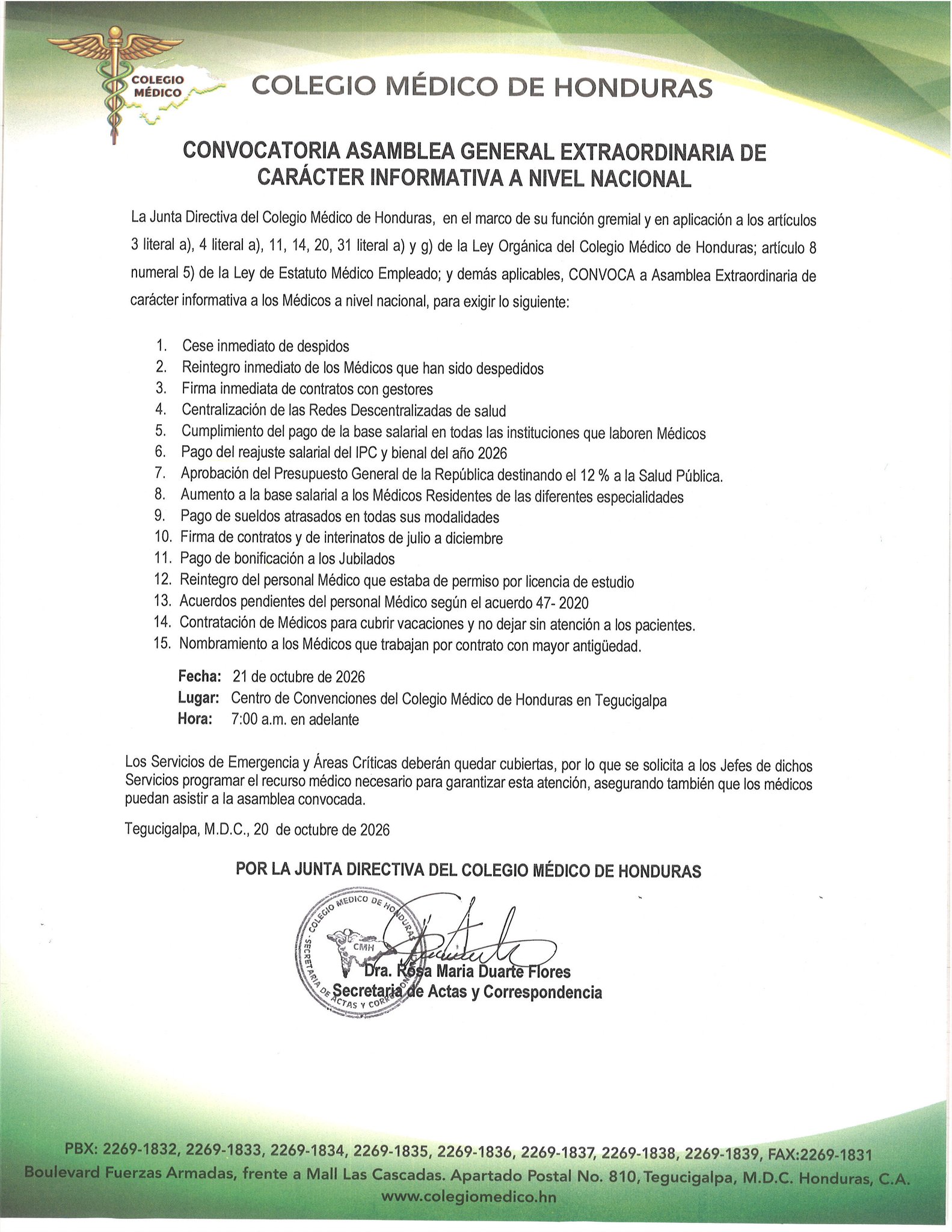 Colegio Médico mantiene asambleas informativas y exige cumplir demandas laborales