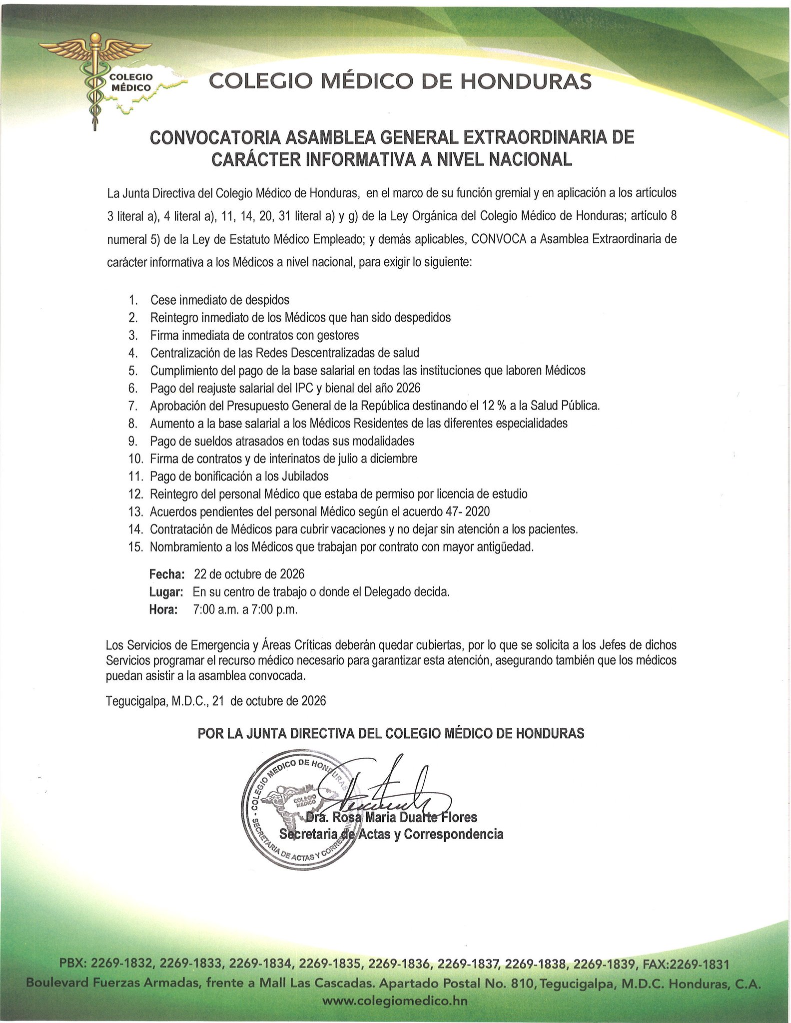 Médicos continuarán con asambleas informativas a nivel nacional este jueves