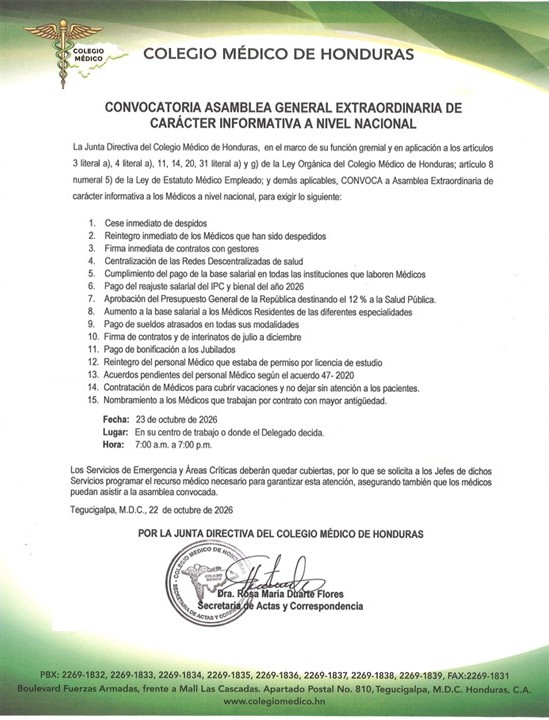 COLEGIO MÉDICO RATIFICA CONTINUIDAD DE ASAMBLEAS ESTE 23 DE OCTUBRE