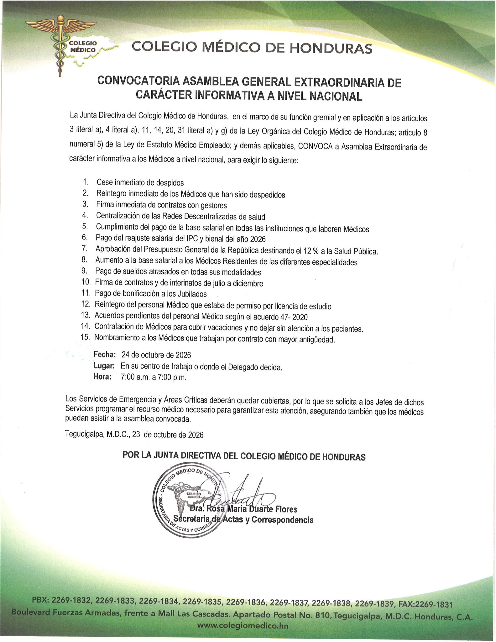 Colegio Médico convoca a asambleas nacionales este sábado para exigir respuestas a 15 demandas