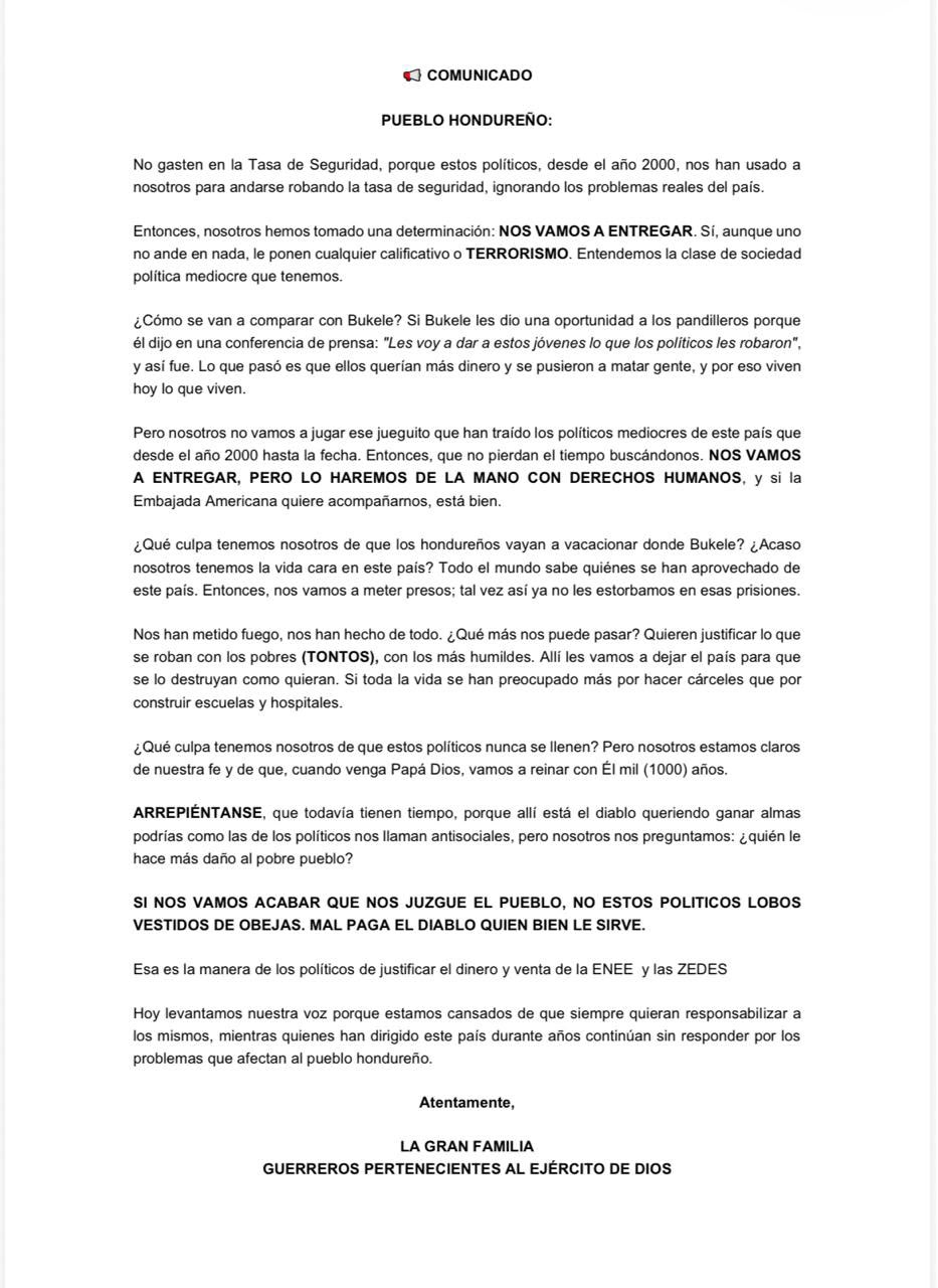 “NOS VAMOS A ENTREGAR”: GRUPO LA GRAN FAMILIA PUBLICA COMUNICADO Y CUESTIONA A LOS POLÍTICOS
