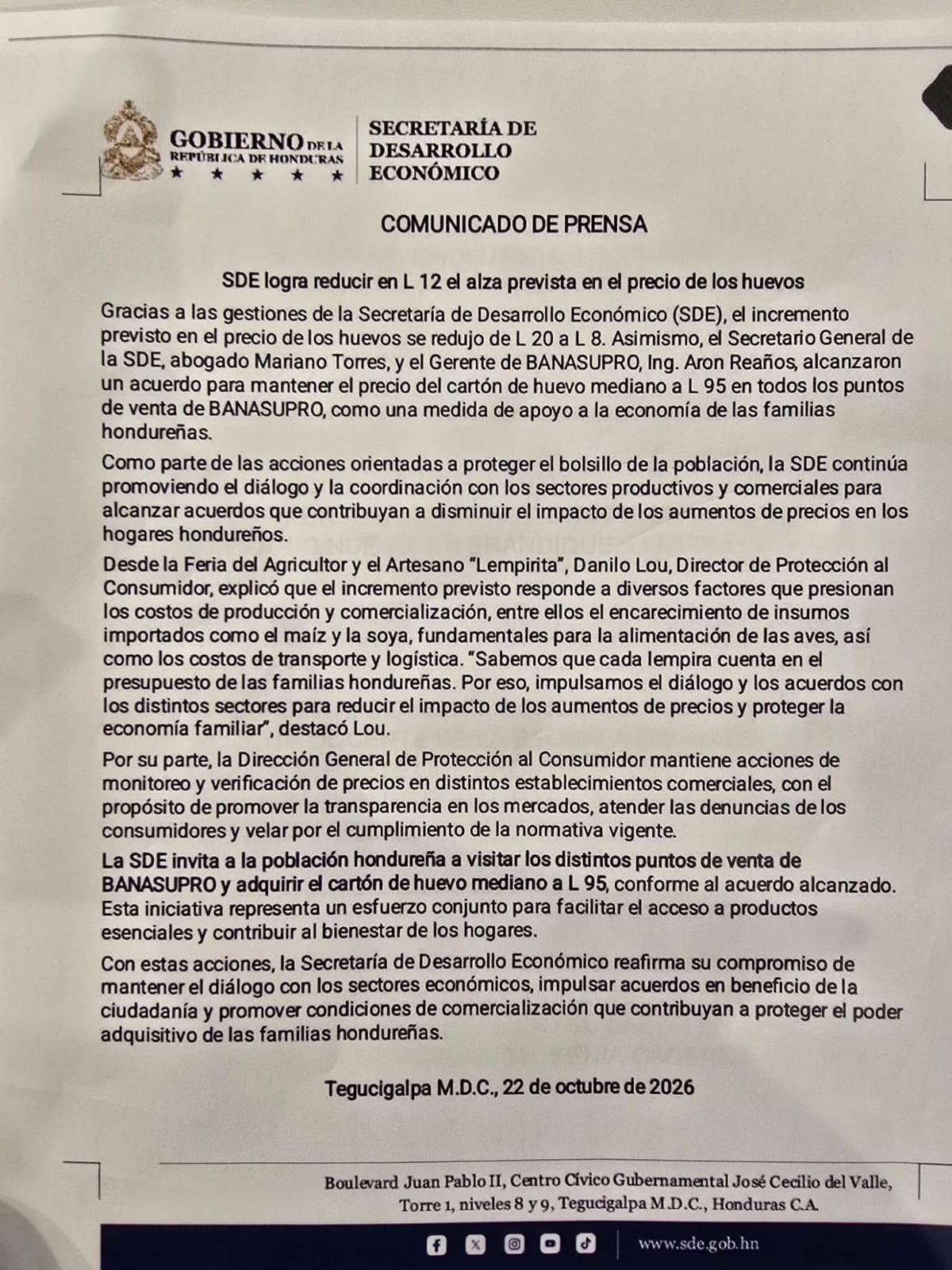 SDE reduce de L20 a L8 el aumento previsto al precio del cartón de huevos